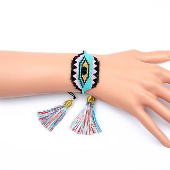 Miyuki Seed Braided Bead Bracelet with Double Tassel, Hexagon with Evil Eye Lucky Ethnic Style Bracelet for Women, Colorful, 11 inch(28cm)