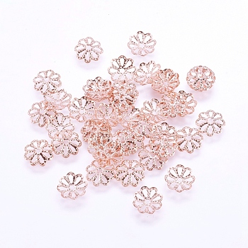 Long-Lasting Plated Brass Fancy Bead Caps, Multi-Petal, Real Rose Gold Plated, Flower, Rose Gold, 8x1mm, Hole: 1mm