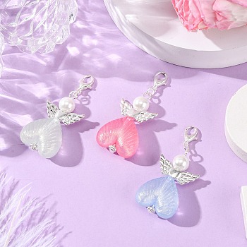 Heart Angel Luminous Acrylic Pendant Decoration, with Zinc Alloy Lobster Claw Clasps, Mixed Color, 52mm, Pendant: 38x22x10.5mm