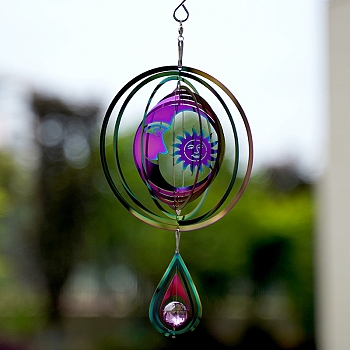 Metal 3D Wind Spinner, with Glass Beads, for Outdoor Courtyard Garden Hanging Decoration, Rainbow Color, Sun, 150mm