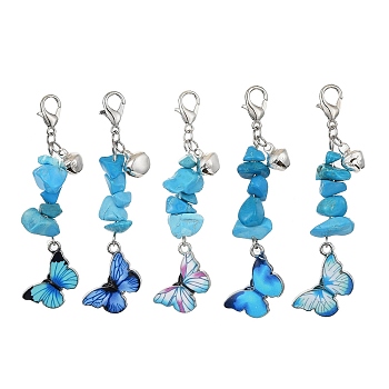 Alloy Enamel Butterfly Pendant Decorations, Synthetic Turquoise Chip Beads and Lobster Claw Clasps Charms, Platinum, 62mm, 5pcs/set