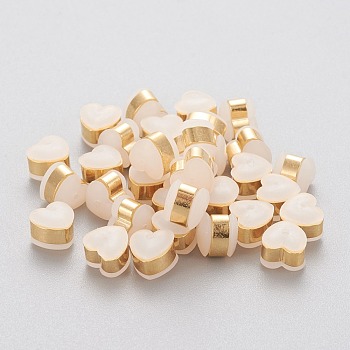 Eco-Friendly Plastic Ear Nuts, Earring Backs, with 304 Stainless Steel Findings, Heart, White, Golden, 5.5x6x5~5.5mm, Hole: 1.2~1.4mm
