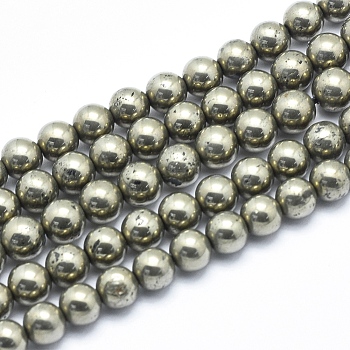 Natural Pyrite Beads Strands, Round, 6mm, Hole: 1mm, about 65pcs/strand, 15.5 inch