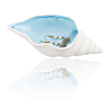 1Pc Conch Shape Porcelain Jewelry Plate, Storage Tray for Rings, Necklaces, Earring, Sky Blue, 176x80x52mm, Inner Diameter: 109x73mm