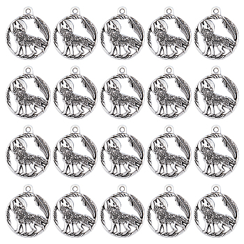 60Pcs Tibetan Style Alloy Howling Wolf Pendants, , Flat Round with Wolf, Antique Silver, 25.5x21x3mm, Hole: 1.8mm