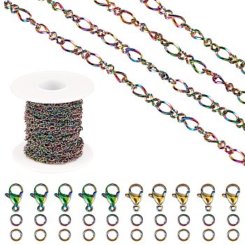 DIY Chain Jewelry Set Making Kit, Including Rainbow Color Ion Plating(IP) 304 Stainless Steel 5M Figaro Chains & 10Pcs Clasps & 20Pcs Jump Rings, 1Pc Plastic Spool, Rainbow Color, Figaro Chains: 3.5mm wide