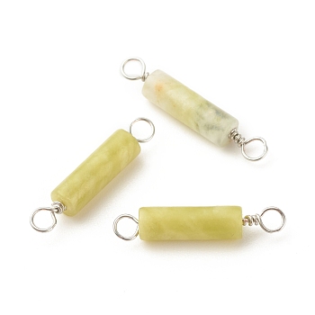 Natural Plum Blossom Jade Connector Charms, with Platinum Tone Eco-Friendly Brass Wire Double Loops, Column, 23~24x4mm, Hole: 2~2.6mm