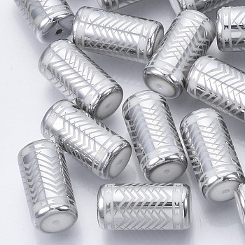 Electroplate Glass Beads, Column with Chevron Pattern, Silver, 20x10mm, Hole: 1.2mm, about 50pcs/bag