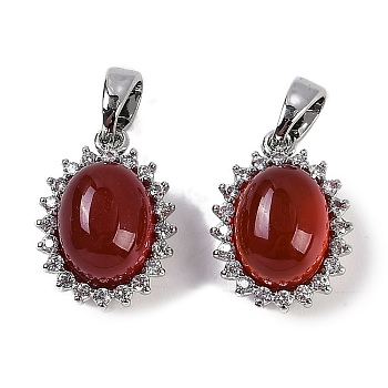 Natural Carnelian(Dyed & Heated) Oval Charms, Brass Micro Pave Clear Cubic Zirconia Charms, Platinum, 14.5x10.5x7.5mm, Hole: 5x3mm