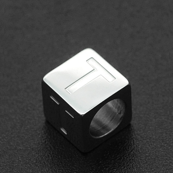 201 Stainless Steel European Beads, Large Hole Beads, Horizontal Hole, Cube, Stainless Steel Color, Letter.T, 7x7x7mm, Hole: 5mm