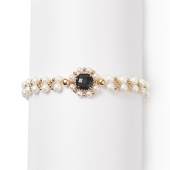Glass & Shell Pearl Bead Bracele, Dainty Braided Beaded Bracelet for Women, Black, 7-1/2 inch(19cm)