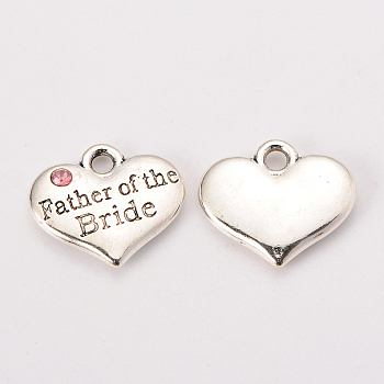 Wedding Theme Antique Silver Tone Tibetan Style Alloy Heart with Father of the Bride Rhinestone Charms, Cadmium Free & Lead Free, Light Rose, 14x16x3mm, Hole: 2mm