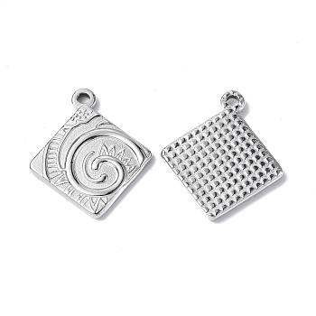 304 Stainless Steel Pendants, Rhombus with Vortex Charm, Stainless Steel Color, 24.5x21x2.5mm, Hole: 1.8mm