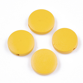 Painted Natural Wood Beads, Flat Round, Gold, 15~15.5x4mm, Hole: 1.8mm