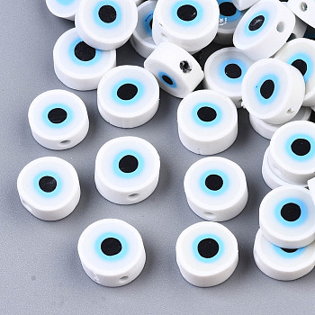 Handmade Polymer Clay Beads, Flat Round with Evil Eye, White, 10.5~12.5x3.5~4.5mm, Hole: 1.5mm