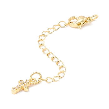 Brass Micro Pave Cubic Zirconia Chain Extender, with Stainless Steel Lobster Claw Clasps and Cross Charm, Long-Lasting Plated, Golden, 77x3mm, Hole: 3mm