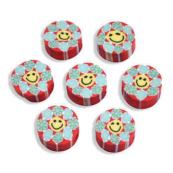 Handmade Polymer Clay Beads, Flat Round with Smiling Face & Flower, Red, 8.5~10x4.5mm, Hole: 1.5mm