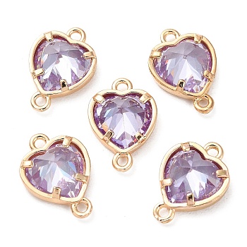 K9 Glass Connector Charms, Heart Links with Golden Tone Brass Findings, Tanzanite, 14x10x4.5mm, Hole: 1.2mm