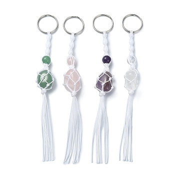 Nylon Threads Wrap Natural Gemstone Macrame Pouch Keychains, with Iron Ring, 17.7~18.2cm