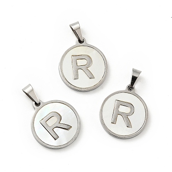 304 Stainless Steel with White Shell Pendants, Stainless Steel Color, Flat Round with Letter Charm, Letter.R, 18x16x1.5mm, Hole: 3x6mm