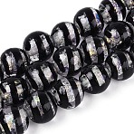 Handmade Foil Glass Beads Strands, Round, with Stripe, Black, 9.5~10.5mm, Hole: 1.2~1.6mm, about 38~40pcs/strand, 14.17~15.35 inch(36~39cm)(FOIL-N033-05A)