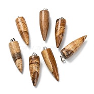 Natural Picture Jasper Pendants, with Platinum Brass Findings, Bullet, 32~35x10~11mm, Hole: 7X3mm(G-D040-01P-B12)