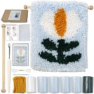 Polycotton Latch Hook Flower Pattern Tapestry Kit, DIY Tapestry Crochet Yarn Kits, Including Instructions, Fabric, Yarn, Wood Stick, Light Sky Blue, Finish Product: 250x230mm, Yarn: 7 skeins(PW-WG29706-01)