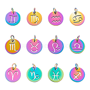 201 Stainless Steel Charms, Laser Cut, with Jump Rings, Flat Round with 12 Constellations, Rainbow Color, 12x12x1mm, Total: 12pcs/set, 2sets/box(STAS-UN0022-97MC)