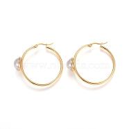 304 Stainless Steel Hoop Earrings, with Acrylic Imitation Pearl, Ring, Golden, 37x40.5x2~12mm, Pin: 1x0.6mm(STAS-D171-13G)