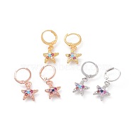 Brass Micro Pave Cubic Zirconia Dangle Hoop Earrings , Starfish/Sea Stars, Colorful, Mixed Color, 27.5mm, Pin: 0.9mm(EJEW-F233-05)