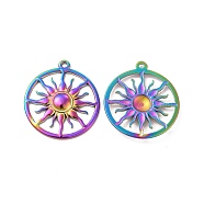 Ion Plating(IP) 304 Stainless Steel Pendants, Ring with Sun Charm, Rainbow Color, 26.5x24x2.5mm, Hole: 1.4mm(STAS-B032-29MC)
