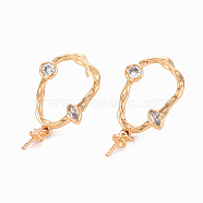 Brass Micro Pave Clear Cubic Zirconia Earring Findings, for Half Drilled Beads, Nickel Free, Oval, Real 18K Gold Plated, 27~28.5x14mm, Pin: 0.8mm, Pin: 0.8mm(for Half Drilled Beads)(KK-T062-210G-NF)