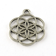 Tibetan Style Flower Alloy Pendants, Seed of Life/Sacred Geometry, Cadmium Free & Lead Free, Antique Silver, 25x20x1mm, Hole: 2mm(X-TIBEP-R345-38AS-RS)