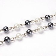 Glass Pearl Round Beads Chains for Necklaces Bracelets Making, with Platinum Iron Eye Pin, Unwelded, Gray, 39.3 inch, Bead: 6mm(AJEW-JB00112-04)