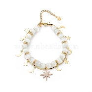 Cat Eye Round Beaded & Brass Link Chain Multi-strand Bracelet, Clear Cubic Zirconia Star & Moon Charms Double Layer Bracelet for Women, Golden, 7-3/4 inch(19.6cm)(BJEW-JB08791)