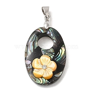 Natural Paua Shell Pendants, Oval Charms with Brass Rhinestone Findings and Natural Dyed White Shell Flower, Platinum, 31x21x8mm, Hole: 5x3.5mm(KK-E059-05P)