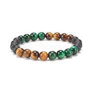 Natural Tiger Eye & Black Agate Round Beaded Stretch Bracelet, Gemstone Jewelry for Women, Green, Inner Diameter: 2-1/8 inch(5.5cm)(BJEW-SZ0002-52A)