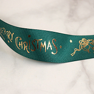 25 Yards Flat Christmas Bell Printed Polyester Grosgrain Ribbons, Hot Stamping Ribbons, Teal, 1 inch(25mm), about 25.00 Yards(22.86m)/Roll(XMAS-PW0001-182B)