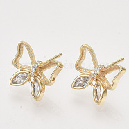 Brass Micro Pave Clear Cubic Zirconia Stud Earring Findings, with Loop, Nickel Free, Butterfly, Real 18K Gold Plated, 11.5x13.5mm, Hole: 1.2mm, Pin: 0.8mm(X-KK-T054-52G-NF)
