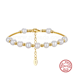 Natural Pearl & 925 Sterling Silver Curved Tube Beaded Bracelet, with S925 Stamp, Real 14K Gold Plated, 6-1/2 inch(16.5cm)(BJEW-Z025-01G)