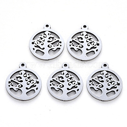 201 Stainless Steel Pendants, Laser Cut, Round Ring with Tree, Stainless Steel Color, 17x14x1mm, Hole: 1.2mm(X-STAS-N092-17)