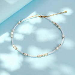 Imitation Pearl & Stainless Steel Round Beaded Necklace for Women, Real 18K Gold Plated, 14.96 inch(38cm)(SZ6704)