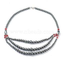 Non-Magnetic Synthetic Hematite & Turquoise Beades 3 Layer Necklaces, with Alloy Lobster Claw Clasps, Round & Twistd, Red, 20.27 inch(51.5cm), Twistd: 15.5x8x8mm(NJEW-H307-01A)