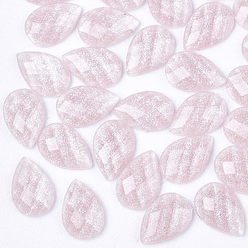 Resin Cabochons, with Glitter Powder, Faceted, teardrop, Misty Rose, 6x4x1.5mm