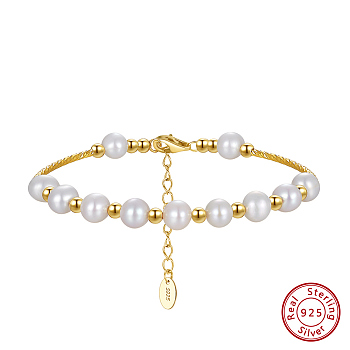 Natural Pearl & 925 Sterling Silver Curved Tube Beaded Bracelet, with S925 Stamp, Real 14K Gold Plated, 6-1/2 inch(16.5cm)