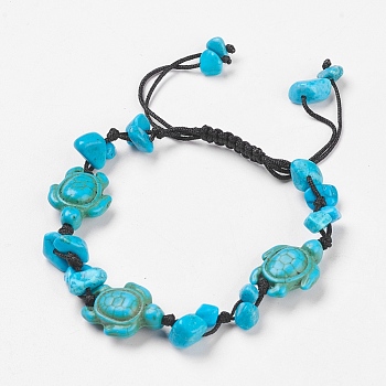 Dyed & Synthetic Turquoise(Dyed) Braided Bead Bracelets, with Nylon Cord, Chips & Tortoise, 1-3/4 inch(4.5cm)