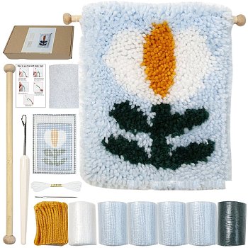Polycotton Latch Hook Flower Pattern Tapestry Kit, DIY Tapestry Crochet Yarn Kits, Including Instructions, Fabric, Yarn, Wood Stick, Light Sky Blue, Finish Product: 250x230mm, Yarn: 7 skeins