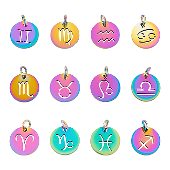 201 Stainless Steel Charms, Laser Cut, with Jump Rings, Flat Round with 12 Constellations, Rainbow Color, 12x12x1mm, Total: 12pcs/set, 2sets/box