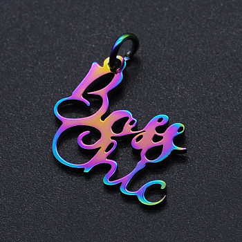 Ion Plating(IP) 201 Stainless Steel Pendants, with Jump Rings, Word Boss Chic, Rainbow Color, 19x19x1mm, Hole: 3mm
