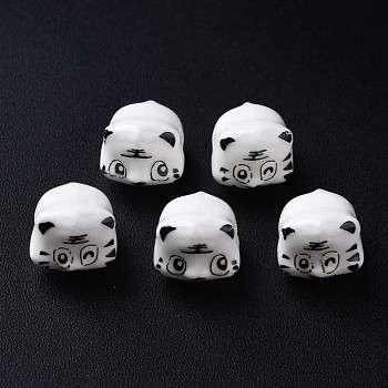 Handmade Porcelain Beads, Famille Rose Style, Tiger, White, about 12x10.5x11mm, Hole: 1.8mm
